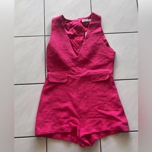 Women Romper Playsuit Pink Textured V Neck Sleeveless Zipper Cotton